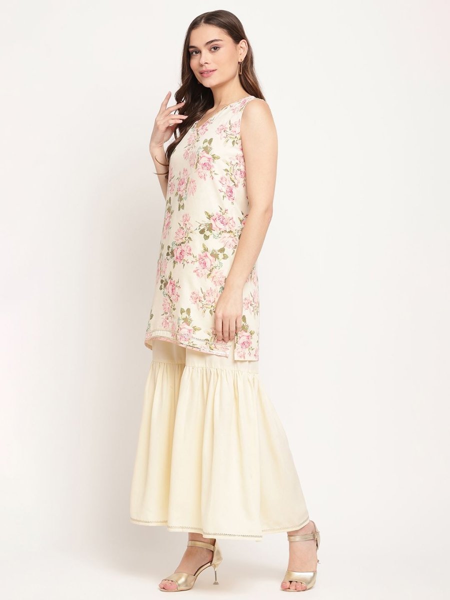 Ahalyaa Women's Beige Crepe Digital Floral Print Kurta Sharara Set with Dupatta 