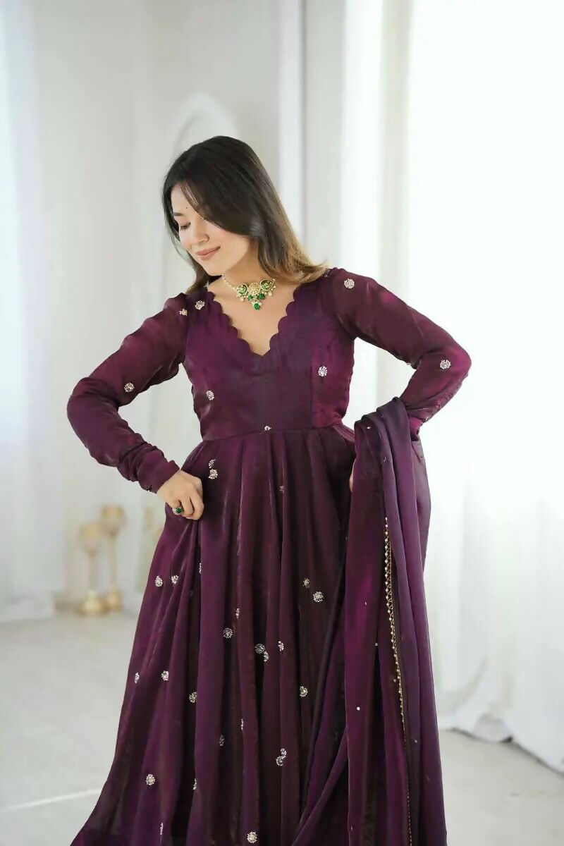 Teeya Creation Violet Crunchy Silk Embroidery Work Designer Suit