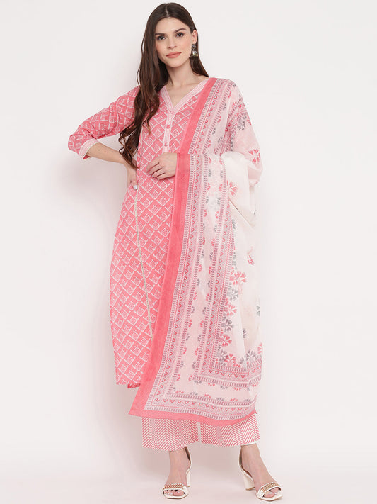NOZ2TOZ Women Light Pink Cotton Kurta With Palazzo & Dupatta (3Pcs Set) 