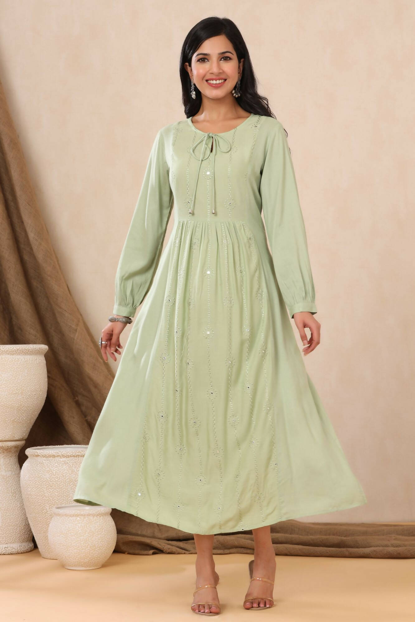 Juniper Women Lightolive Rayon Embroidered A-Line Dress