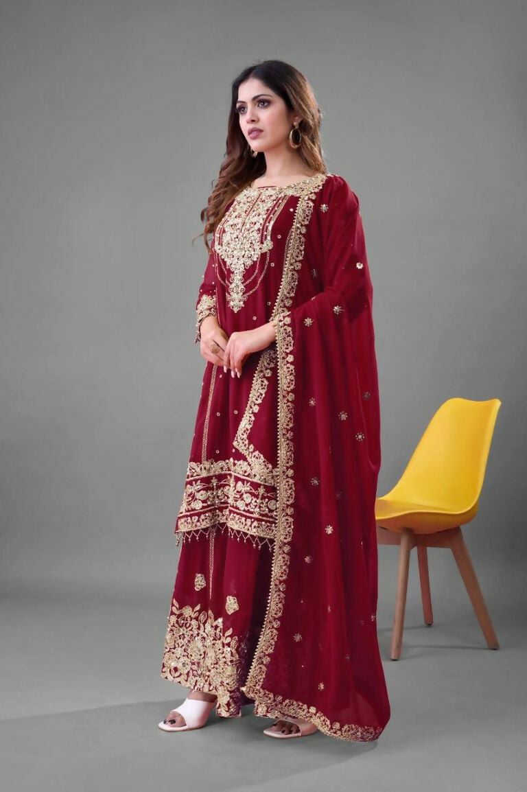 Teeya Creation Red Color Faux georgette Embroidery Work Sharara Set