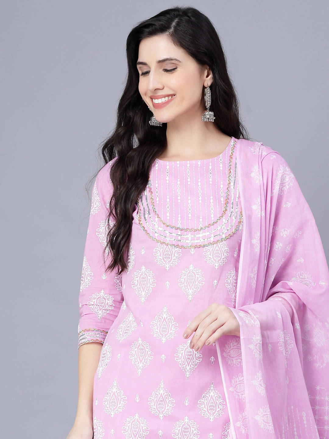 Myshka Cotton Printed 3/4 Sleeve Round Pink Women Kurta set