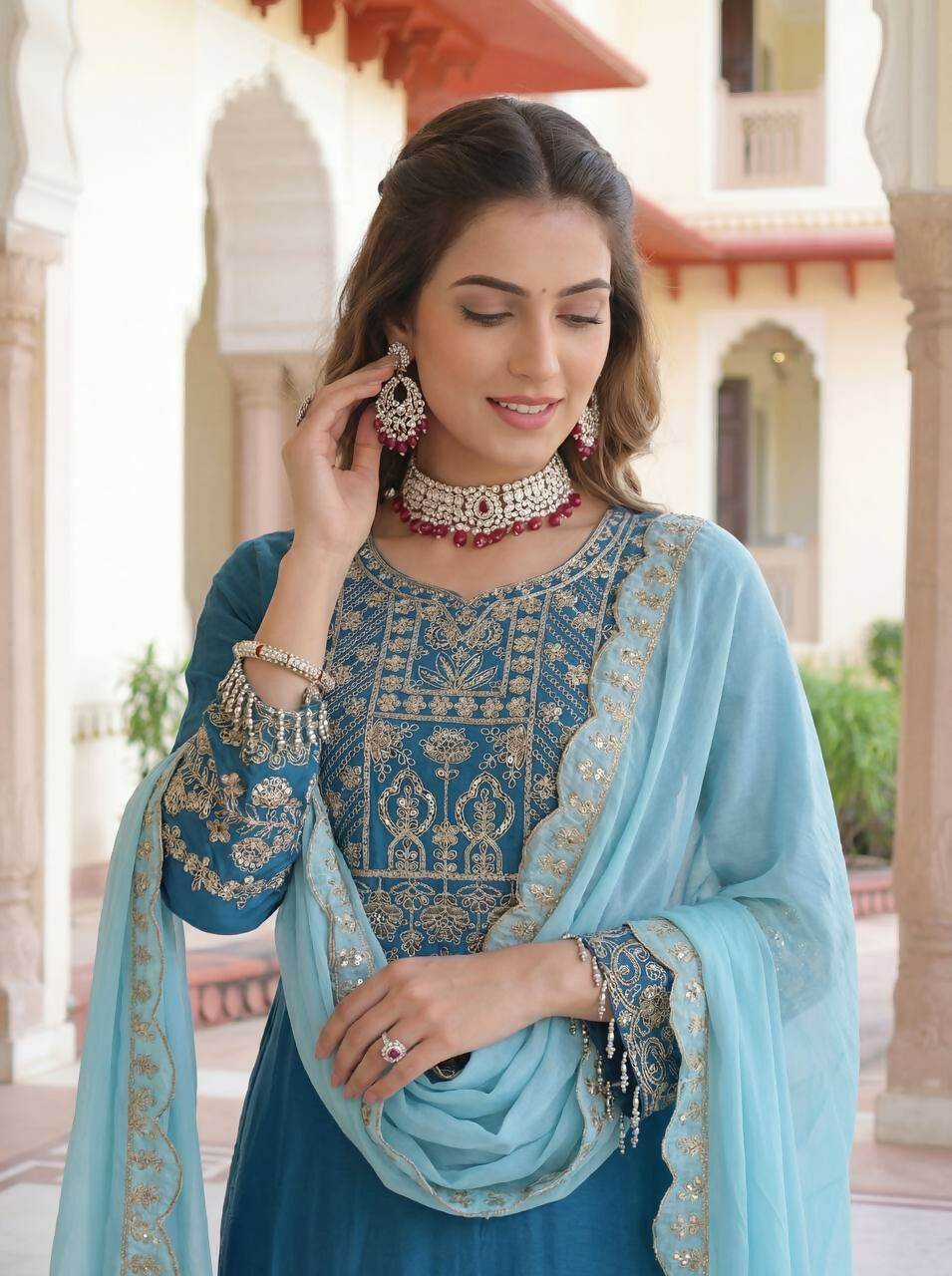 Teeya Creation Sky Chinon Silk Designer Wedding Wear Embroidery Work Palazzo