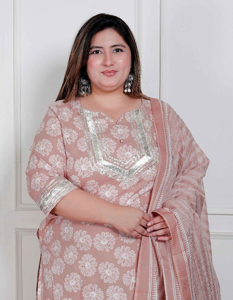 Miravan Plus Size Women Brown Floral Printed Cotton Straight Ethnic Kurta With Palazzo And Dupatta