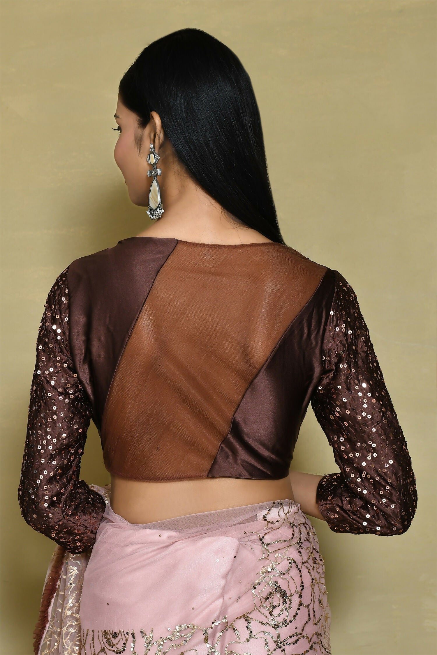 Brown Net Sequence Embroidered Festive Saree - Nimaya Denzy