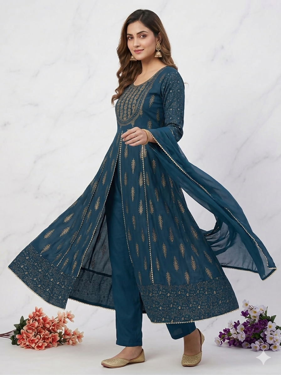 Teeya Creation Women's Teal Blue Fully Stitched Anarkali Suit With Pant And Dupatta