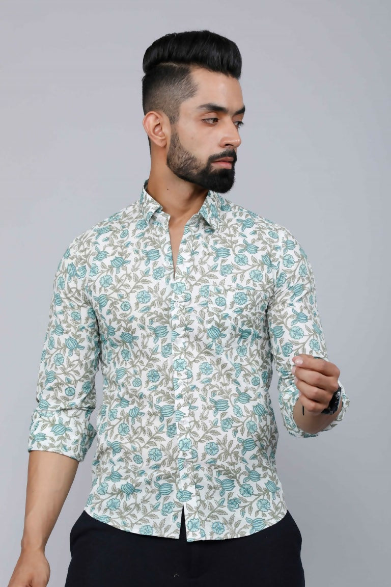 Miravan Men's Spread Collar White & Green Floral Print Slim Fit Shirt 