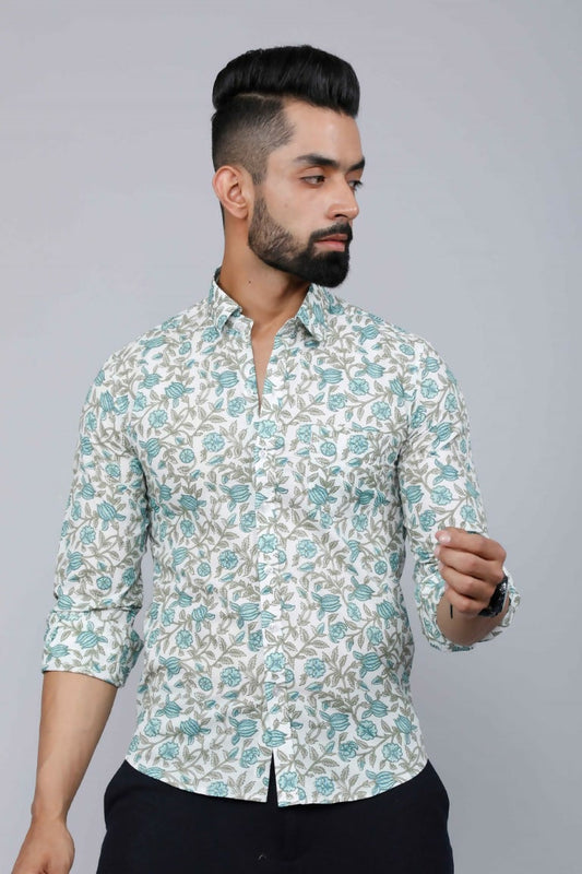 Miravan Men's Spread Collar White & Green Floral Print Slim Fit Shirt 