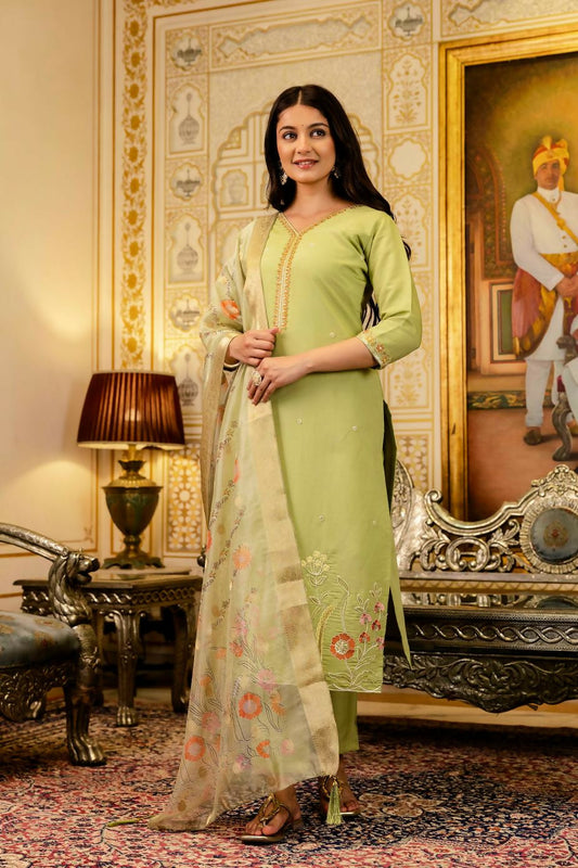 The52 Lemons Women's Beautiful Viscose Shimmer Fabric Embroidered Work Straight Kurta Pant and Dupatta Set | Grab2Buy