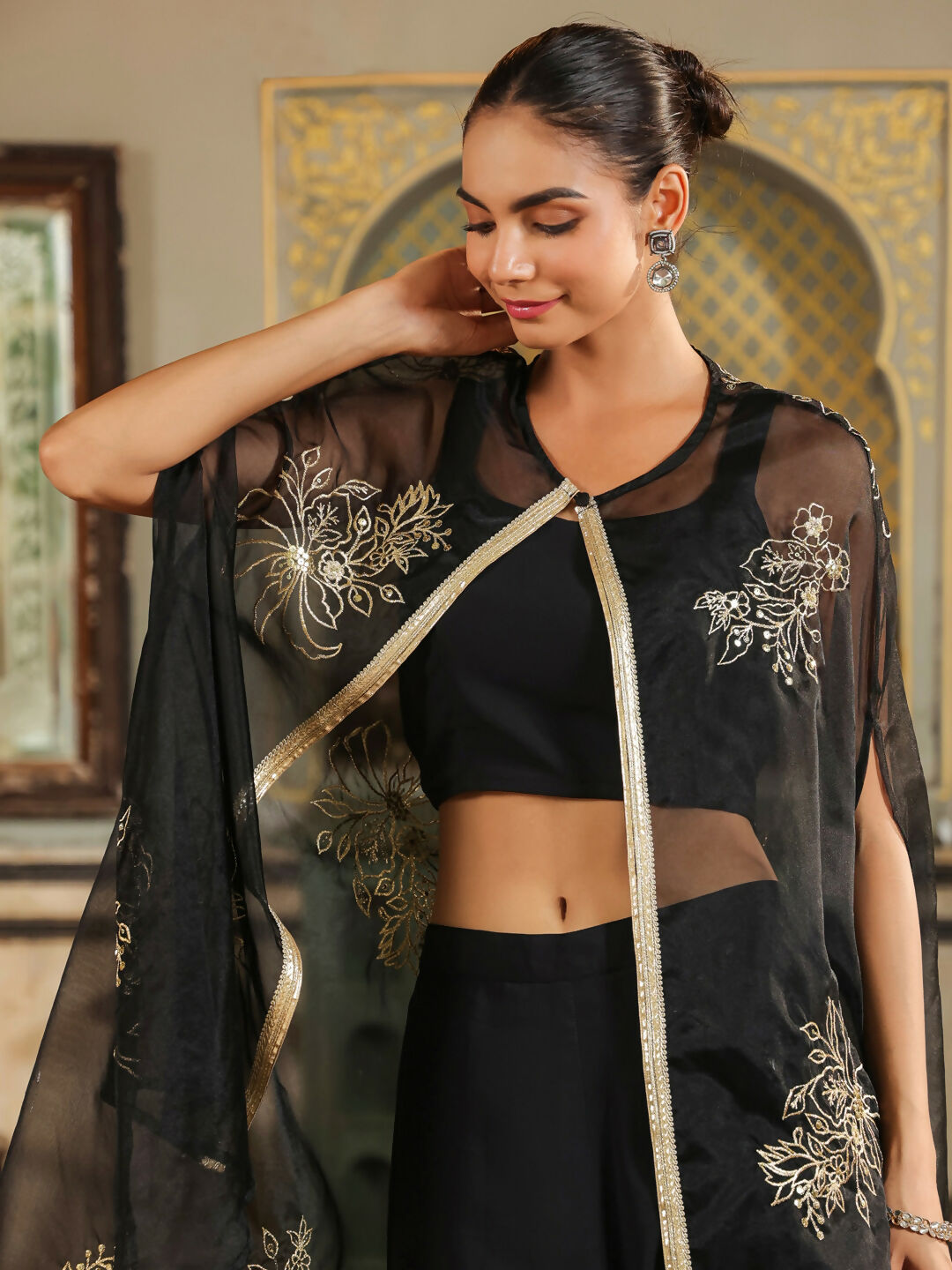 Janasya Black Georgette Solid Top Bottom Cape 
