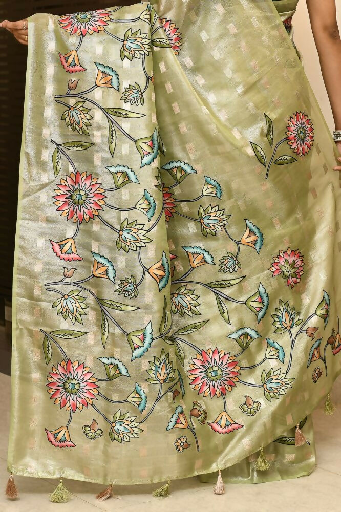 Joban Fashion Green Saree Tissue Zari Buti Allover Applick With Contrast Blouse
