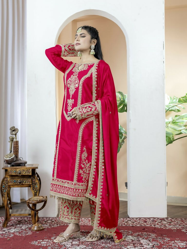 Teeya Creation Red Color Chinnon Silk Embroidery Work Fully Stitched Salwar Suit