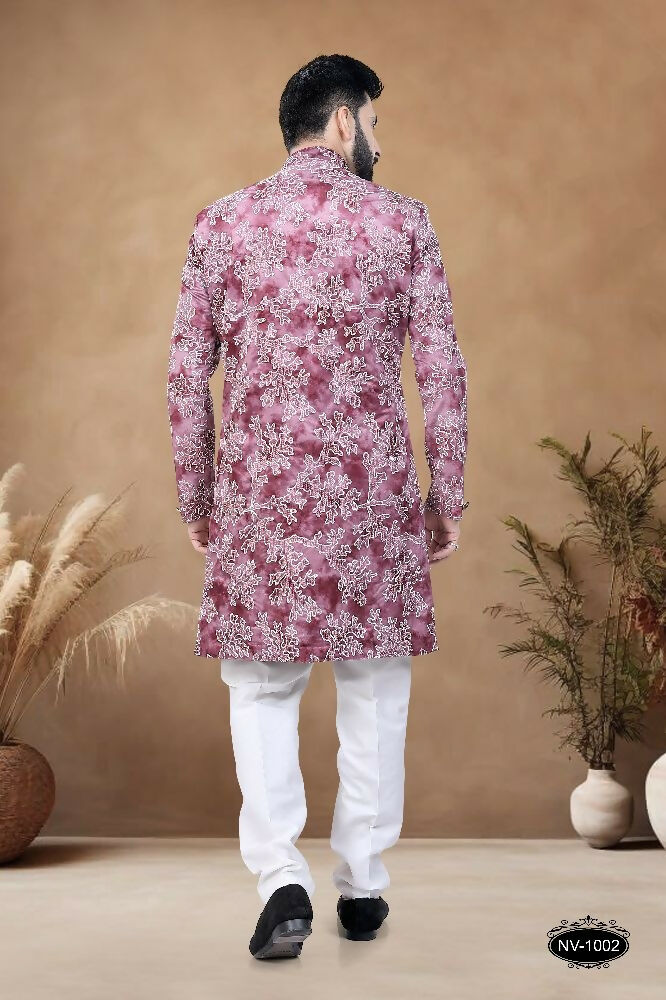 Joban Fashion Men's Pink Straight Swed Velvet Thread & Sequence Embroidery All Over Indo-Western Kurta Set
