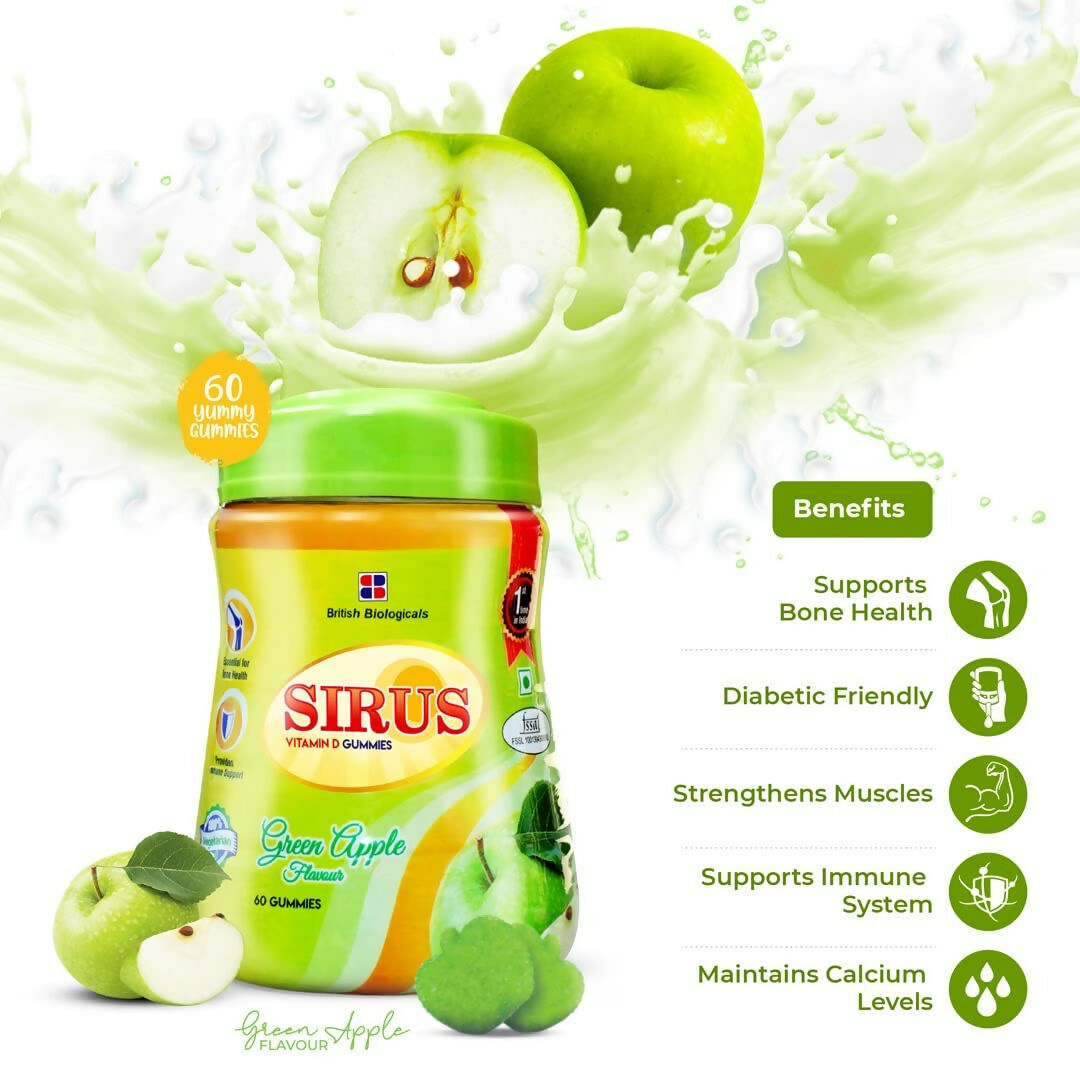 British Biologicals Sirus Vitamin D3 Gummies with Sugar for Women & Men - Green Apple 
