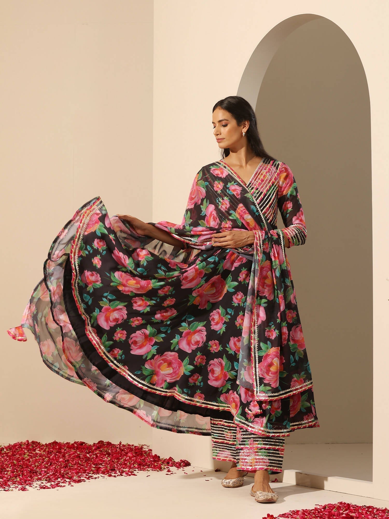 Pomcha Jaipur Black Gul Gulab Anarkali Set 
