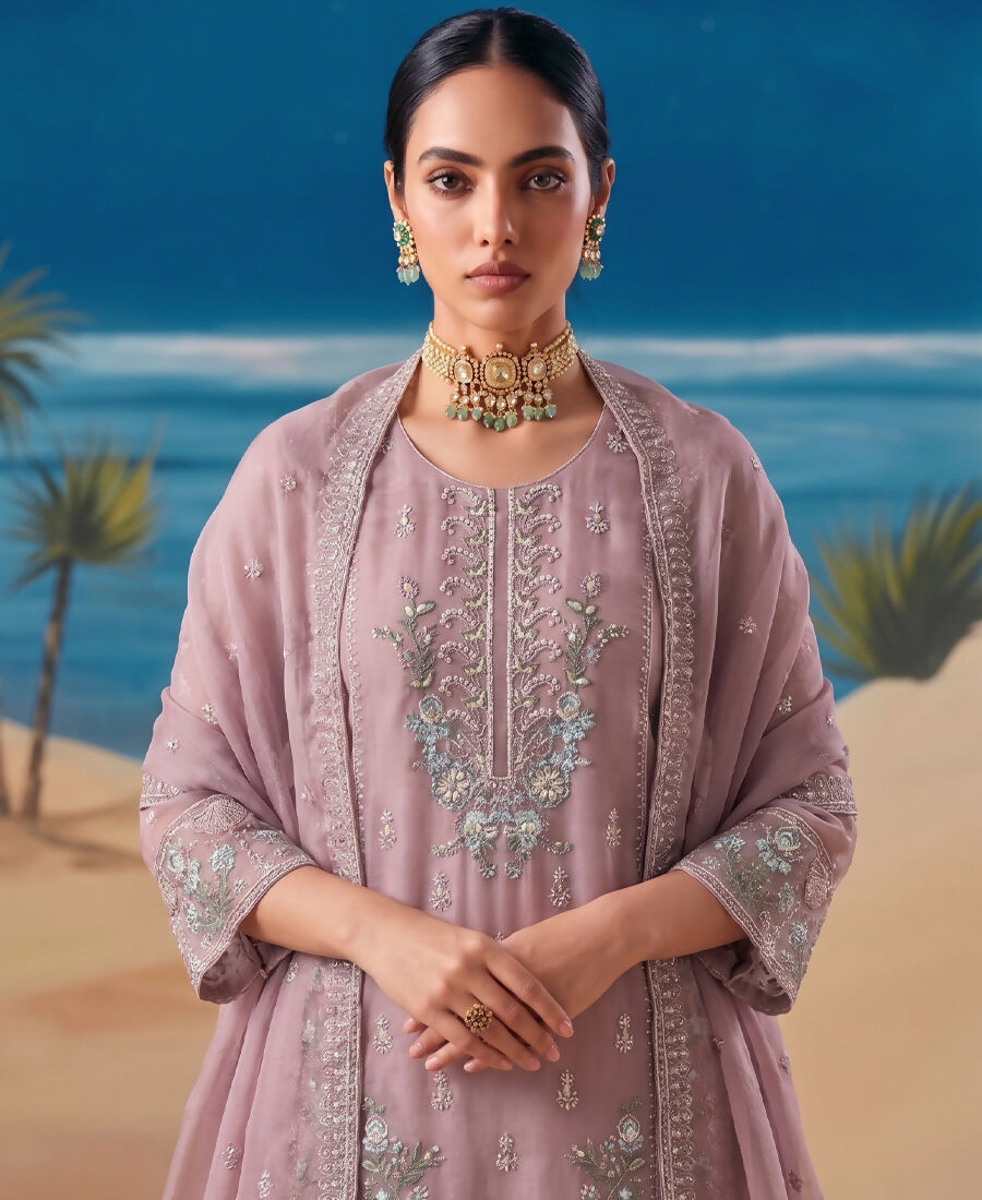 KC Heavy Chiffon Silk Pink Hand Embroidered Straight Suit For Women Wedding