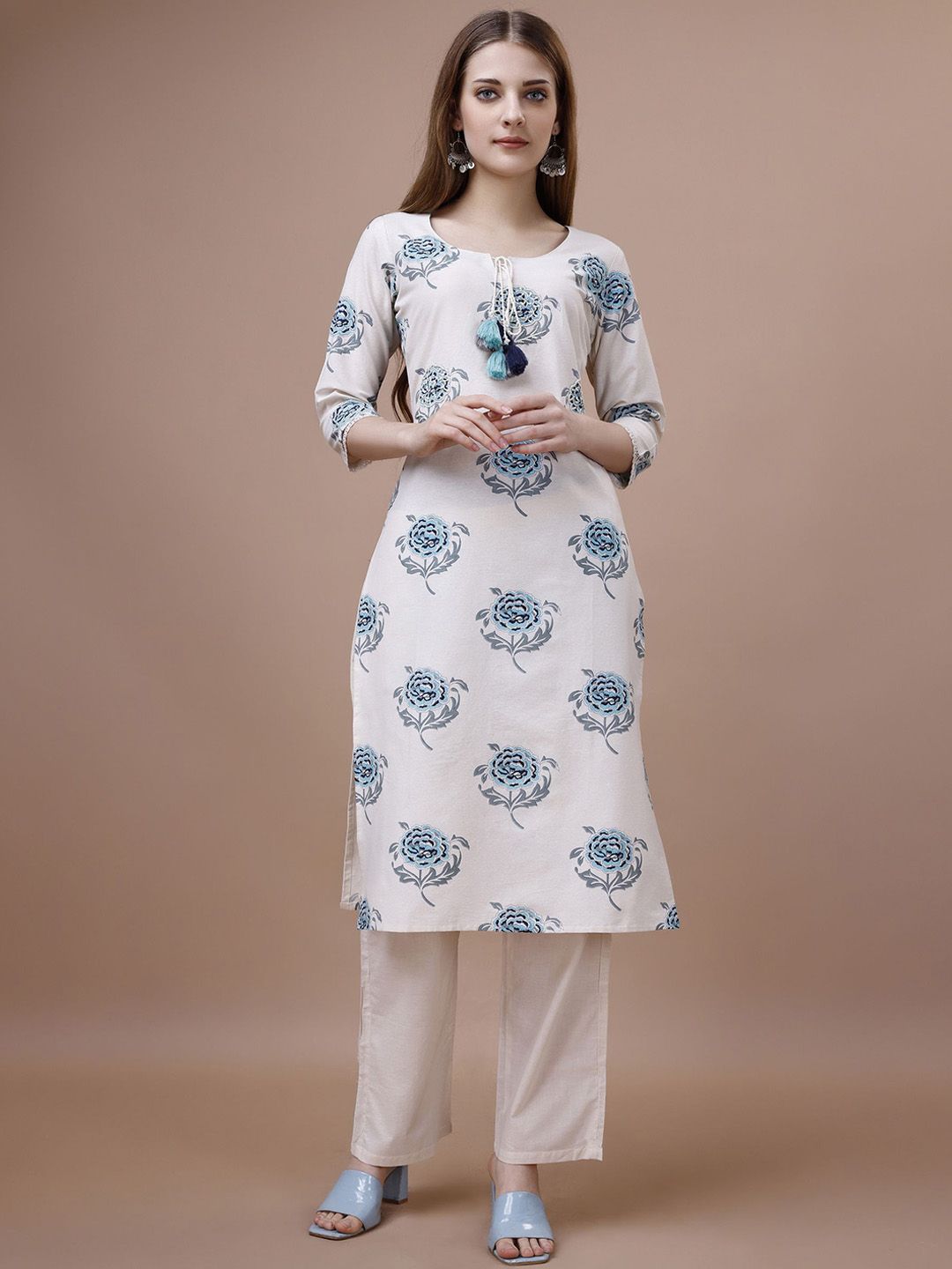 Ode by House of Pataudi Floral Printed Tie-Up Neck Cotton Straight Kurta | Grab2Buy