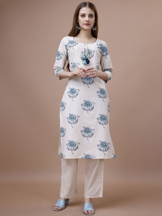 Ode by House of Pataudi Floral Printed Tie-Up Neck Cotton Straight Kurta | Grab2Buy