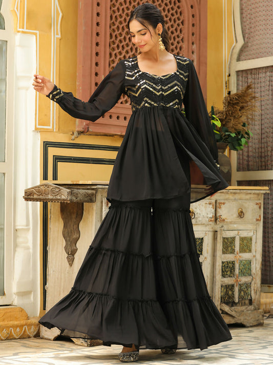 Janasya Black Georgette Sequined Tunic & Bottom 