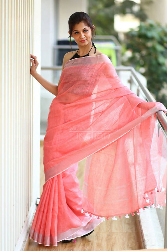 Very Much Indian Pure Linen Saree With Sleek Border And Exclusive Design - Peach - Grab2buy