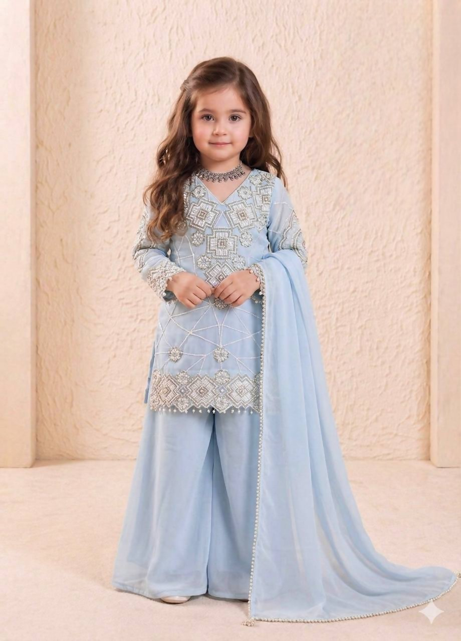 Teeya Creation New Kids Latest Trendy Kurta Palazzo Set-Blue