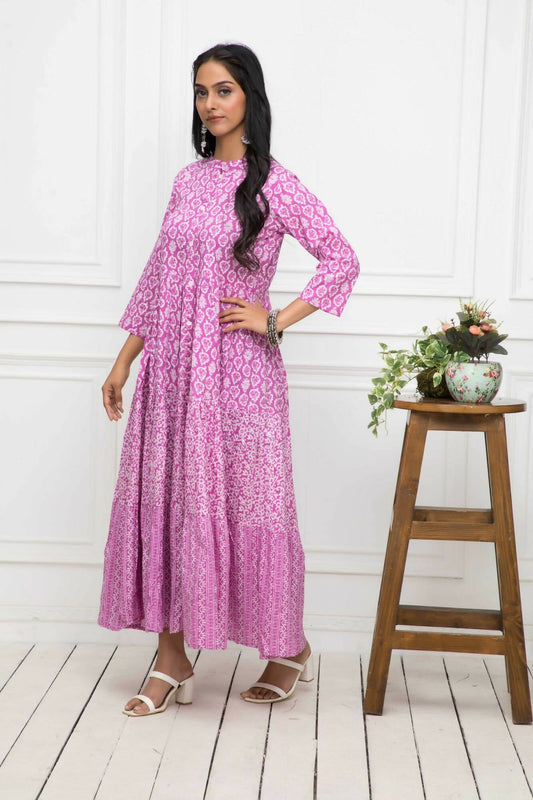 Myshka Women Pink Floral Cotton A-Line Mandarin Collar Long Dress