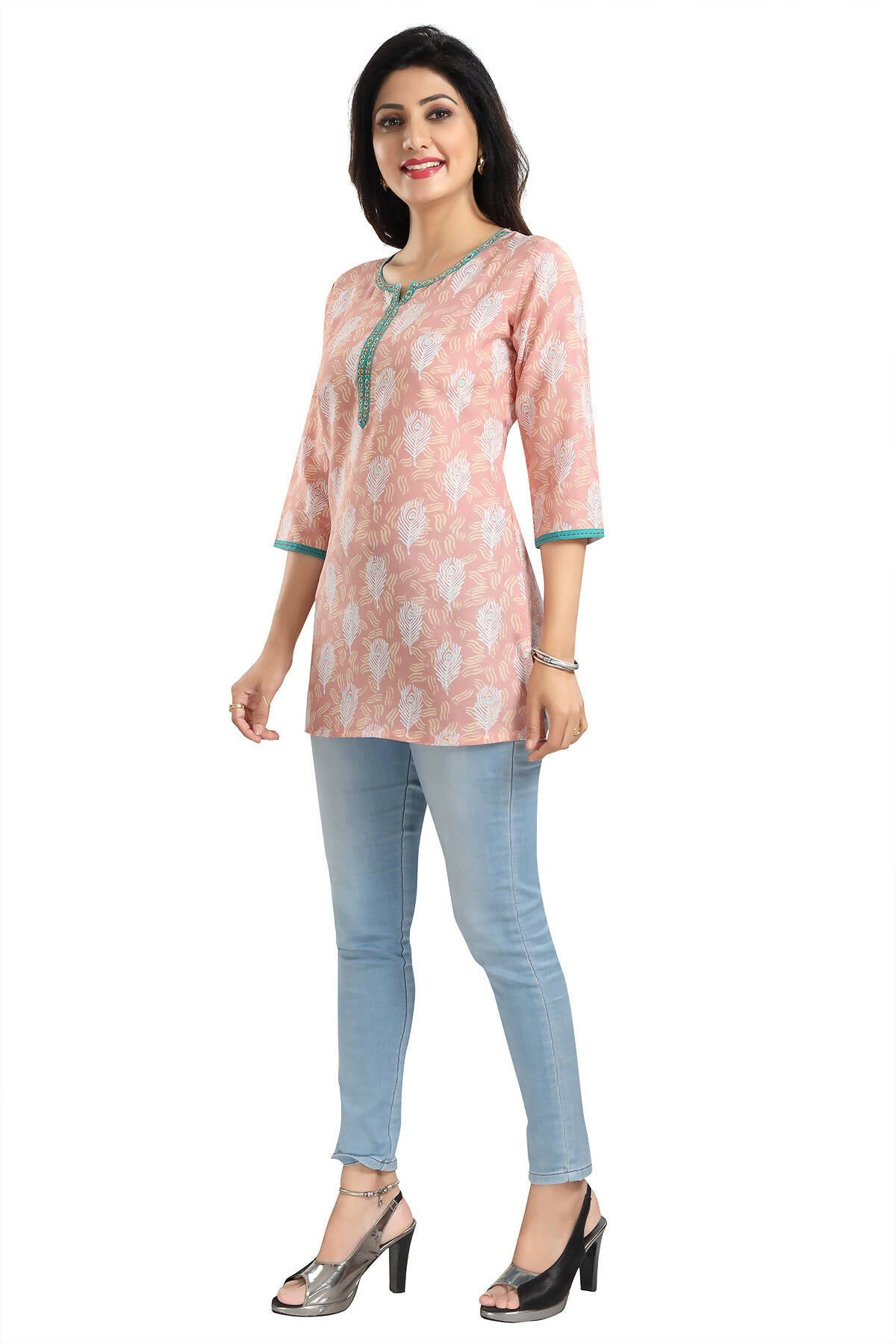 Snehal Creations Pretty Pastel Peach Rayon Short Kurti Tunic Top