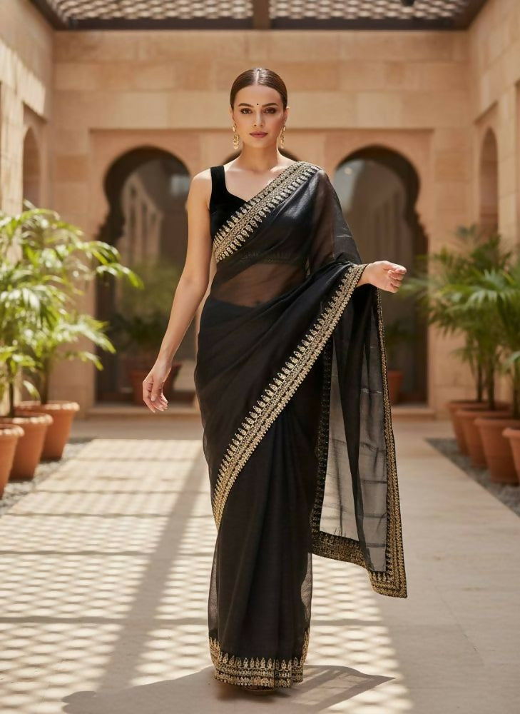 Joban Fashion Black Soft twill Net Party Wear Sarees