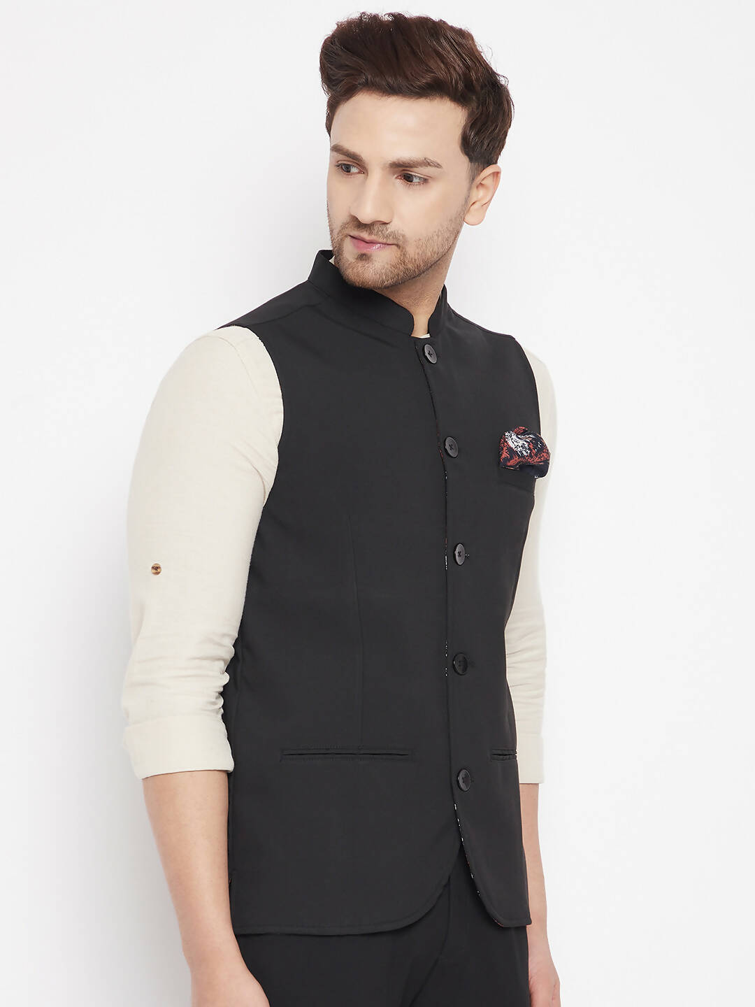 Even Apparels Black Merino Men's Nehru Jacket-Contrast Lining-Inbuilt Pocket Square 