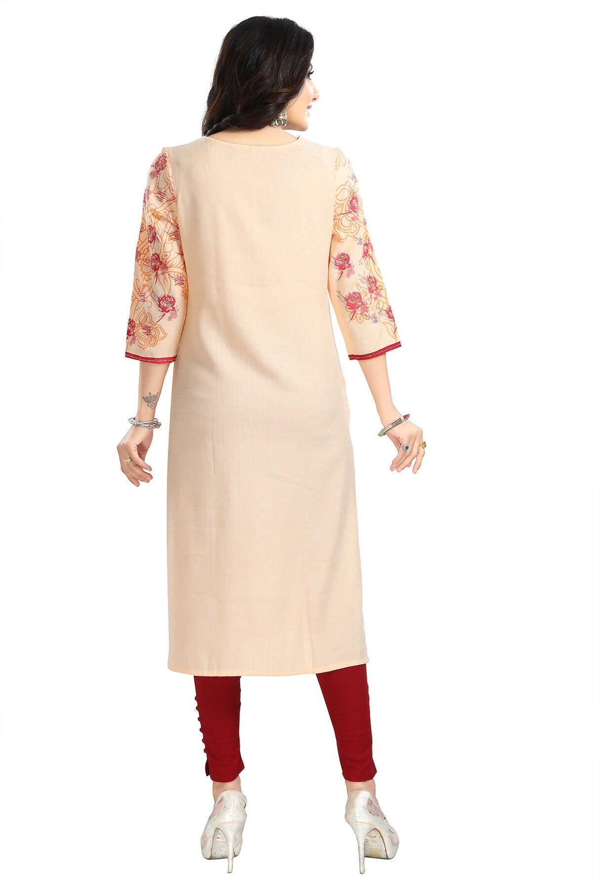Snehal Creations Pleasing Peach Rayon Textured Print Long Kurta For Women