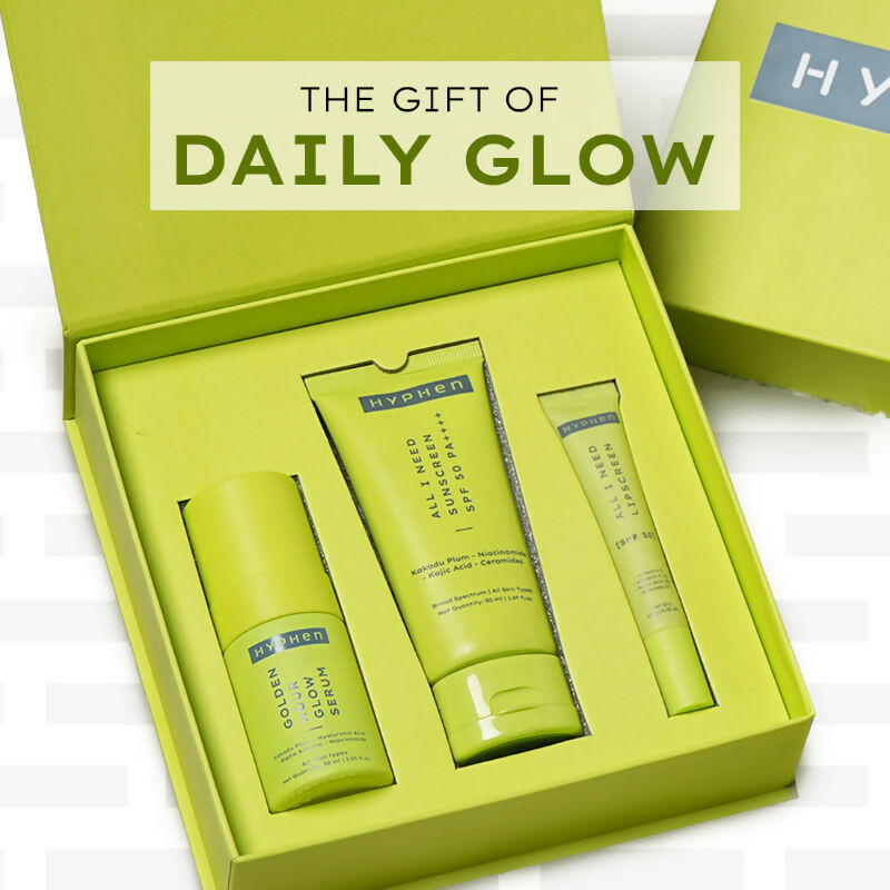 Hyphen By Kriti Sanon Daily Glow Essentials Gift Kit with Complete Skin Care Routine, with Face Serum, Moisturizing Sunscreen SPF & Lip Balm 