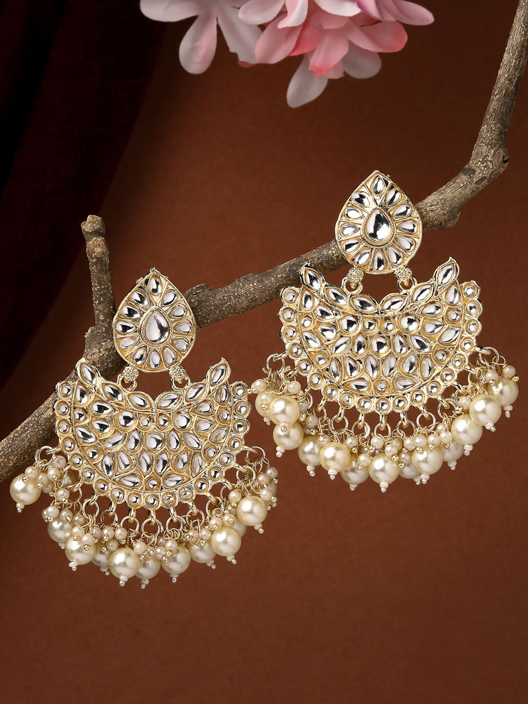 NVR Women Gold-Polished Kundan Chandbali Earrings 