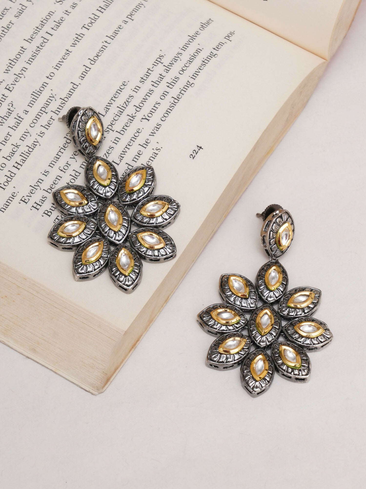 Dual Tone Kundan Flower Studs (silver) - Ruby Raang - Grab2buy