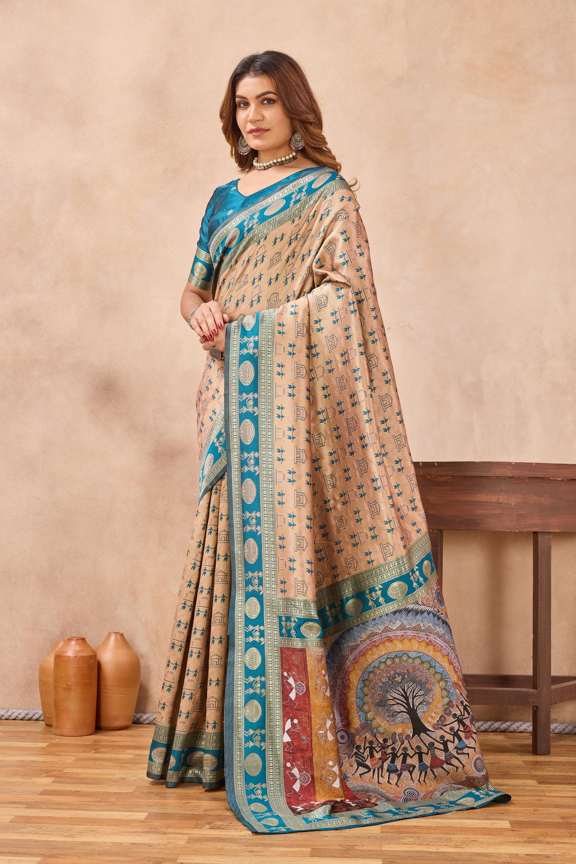 Divine International Trading Co Beige Soft Silk Blend Banarasi Jacuard Work Designer Party Wear Saree With Unstitched Blouse Piece