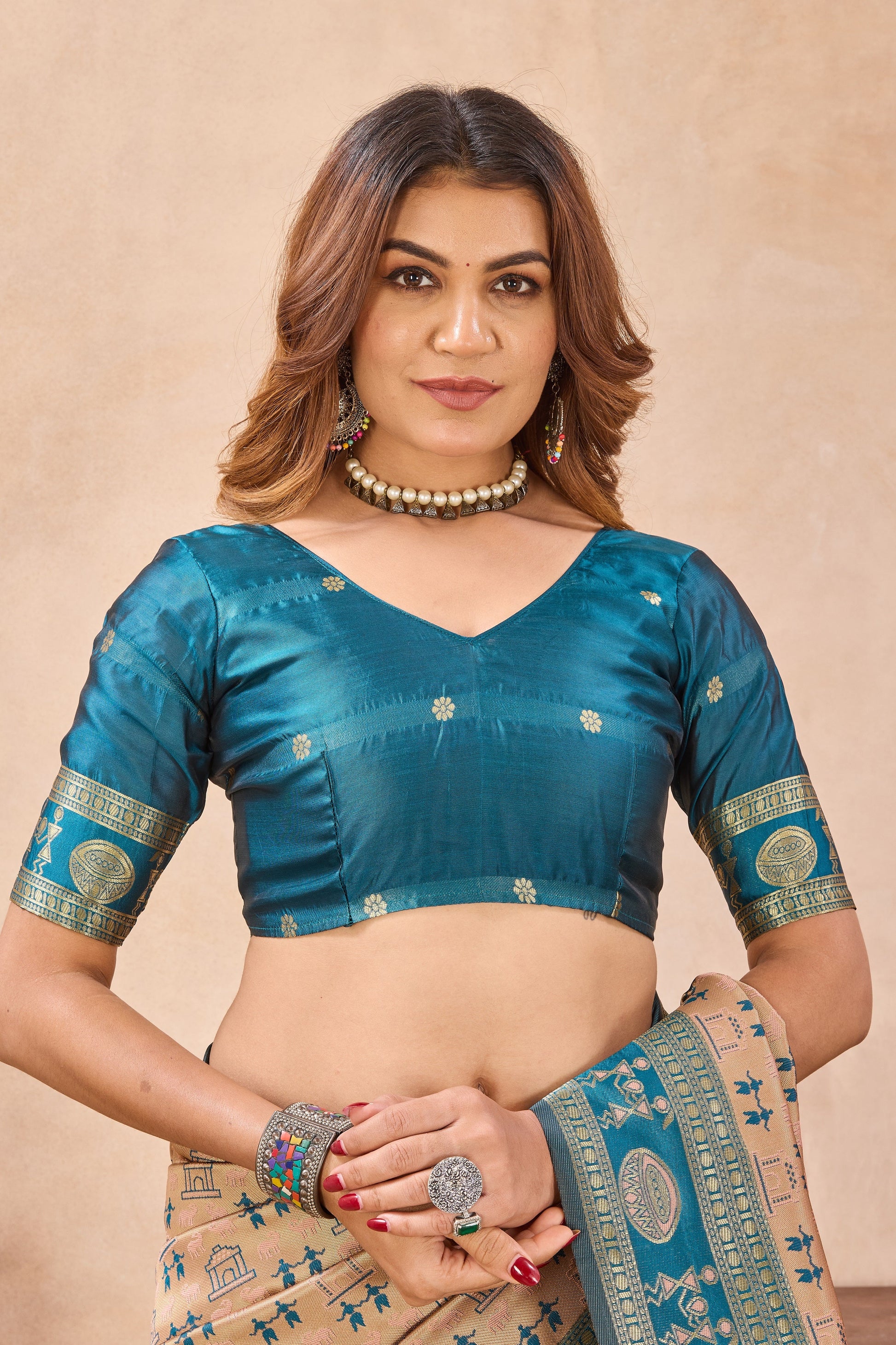 Divine International Trading Co Beige Soft Silk Blend Banarasi Jacuard Work Designer Party Wear Saree With Unstitched Blouse Piece