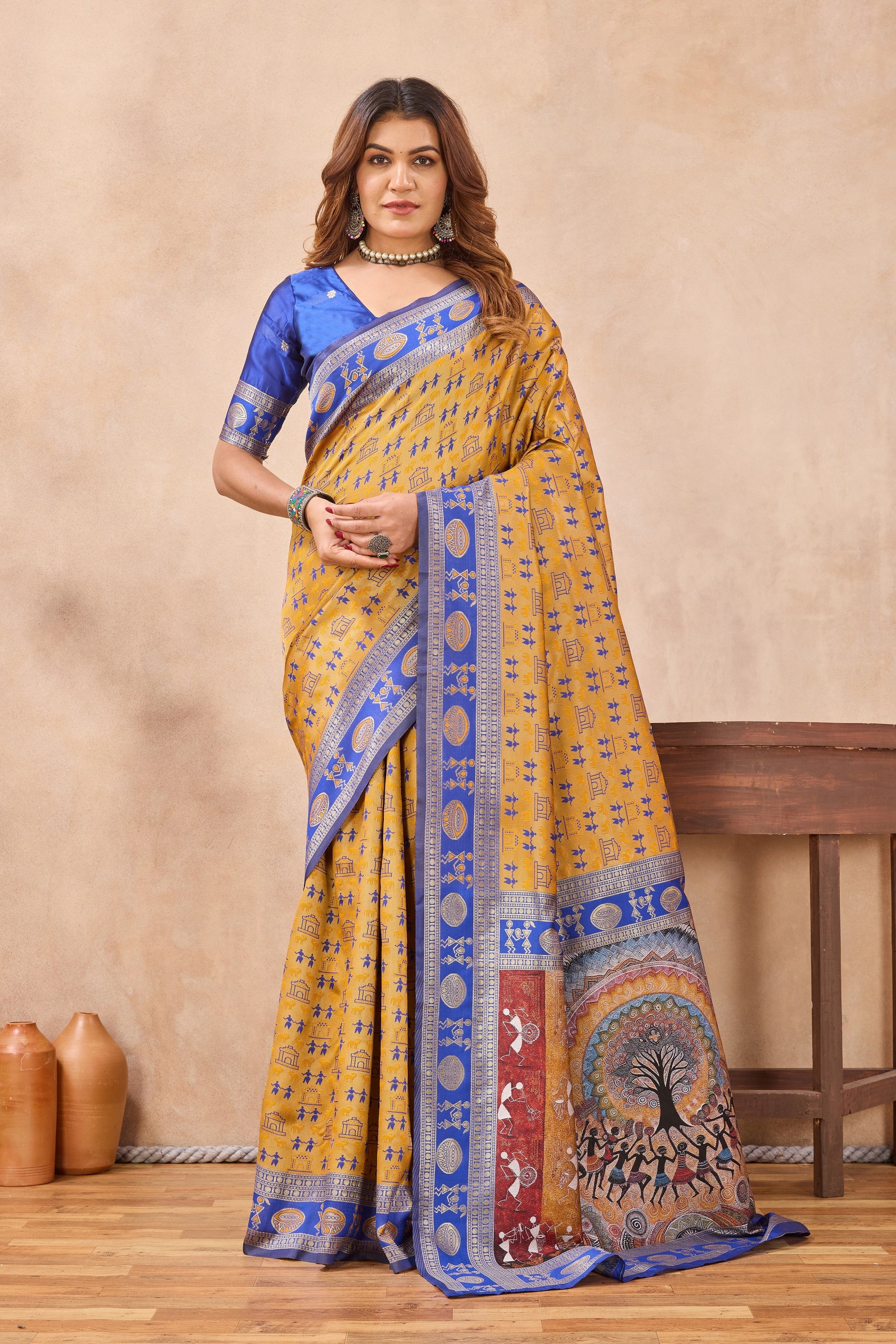 Divine International Trading Co Mustard Blue Soft Silk Blend Banarasi Jacuard Work Designer Party Wear Saree With Unstitched Blouse Piece