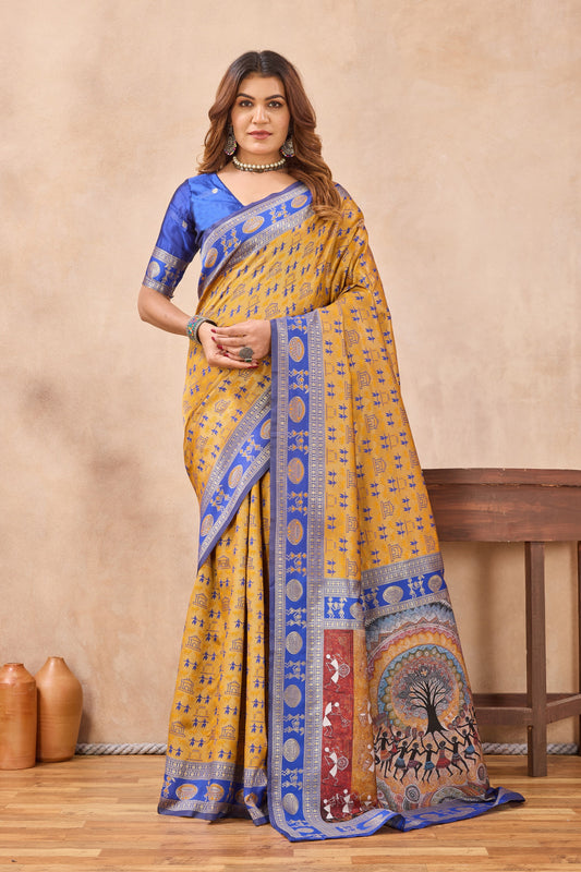 Divine International Trading Co Mustard Blue Soft Silk Blend Banarasi Jacuard Work Designer Party Wear Saree With Unstitched Blouse Piece