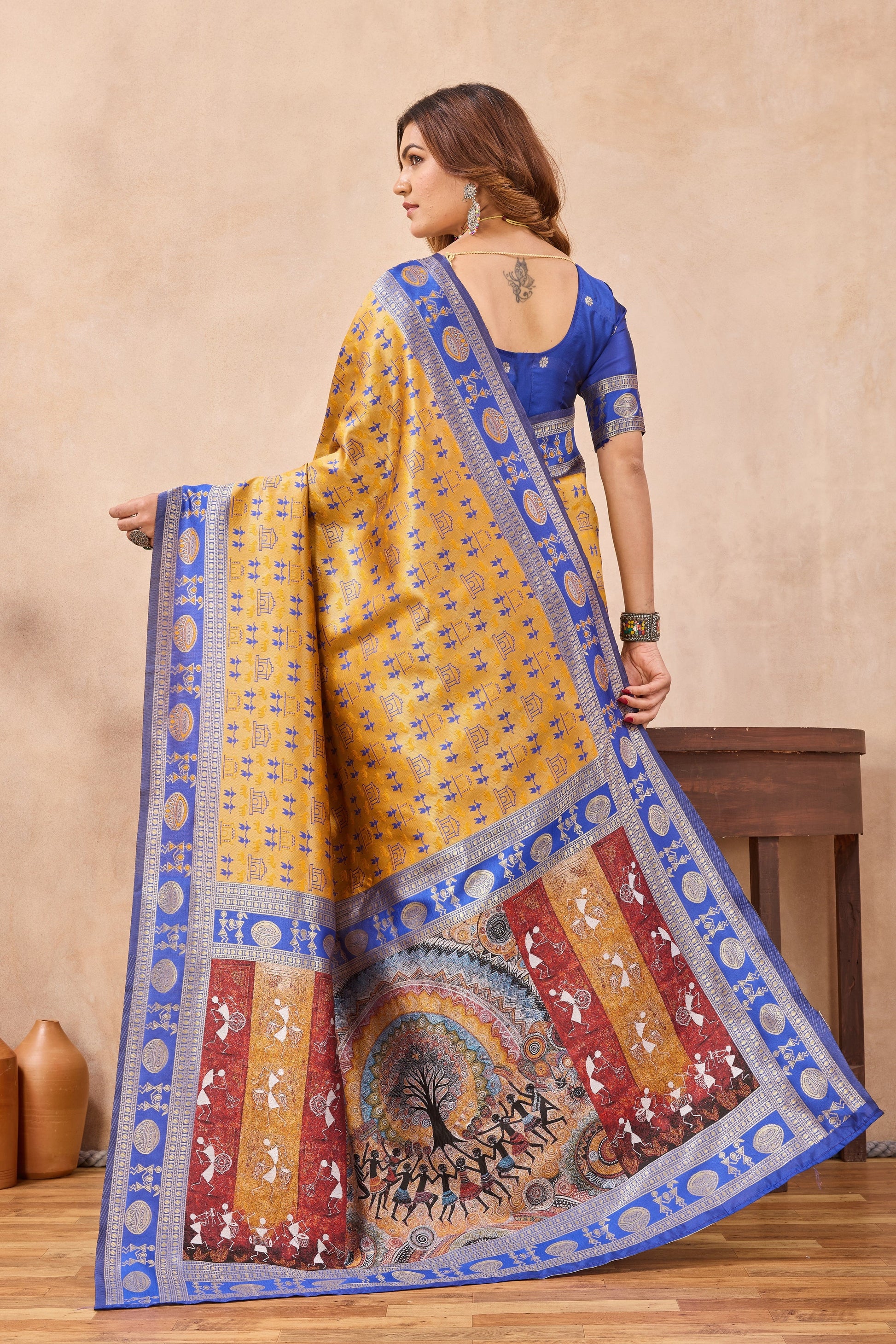 Divine International Trading Co Mustard Blue Soft Silk Blend Banarasi Jacuard Work Designer Party Wear Saree With Unstitched Blouse Piece