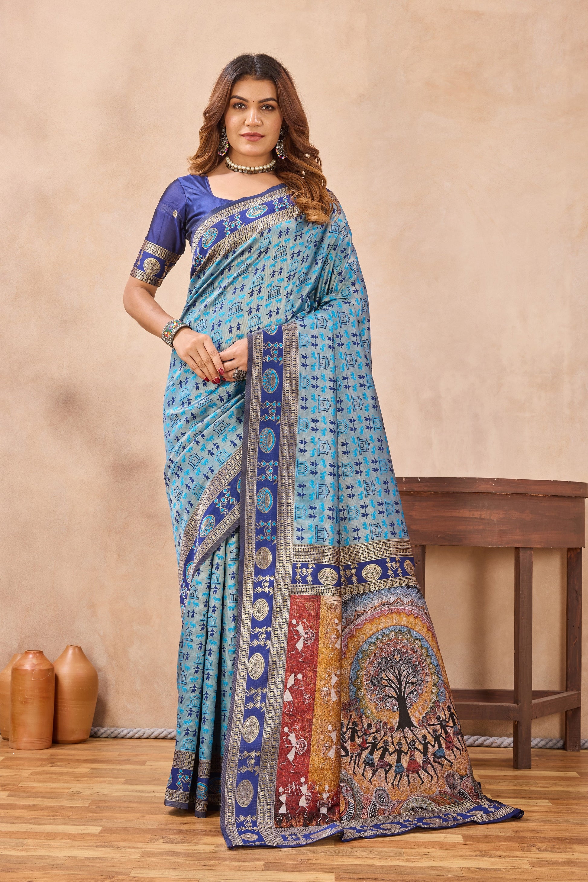 Divine International Trading Co Turquoise Soft Silk Blend Banarasi Jacuard Work Designer Party Wear Saree With Unstitched Blouse Piece