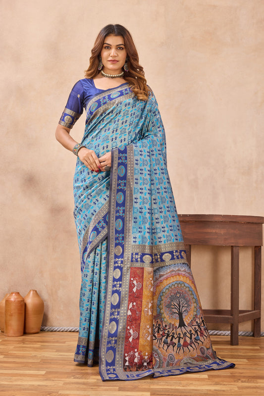 Divine International Trading Co Turquoise Soft Silk Blend Banarasi Jacuard Work Designer Party Wear Saree With Unstitched Blouse Piece