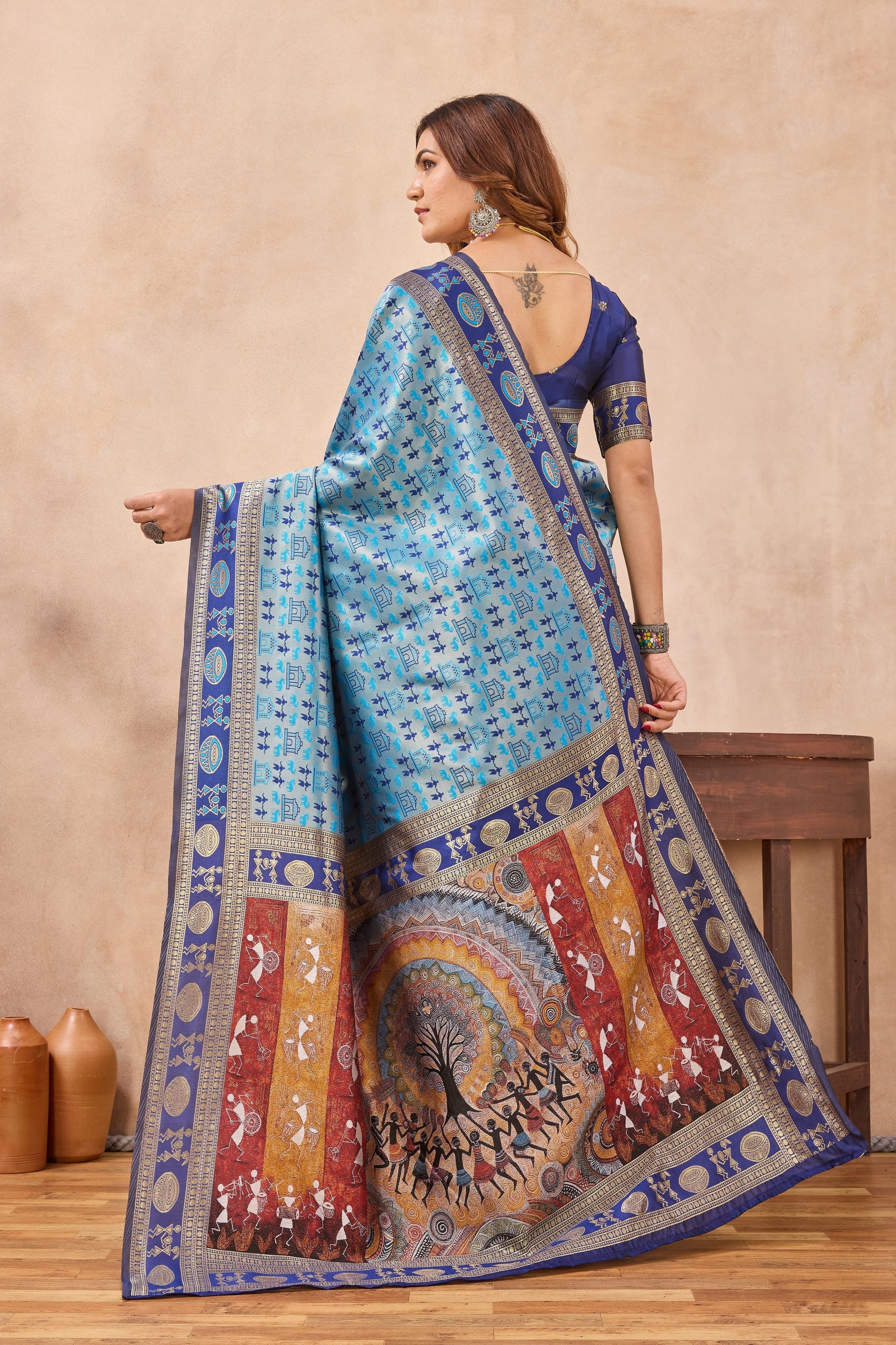 Divine International Trading Co Turquoise Soft Silk Blend Banarasi Jacuard Work Designer Party Wear Saree With Unstitched Blouse Piece