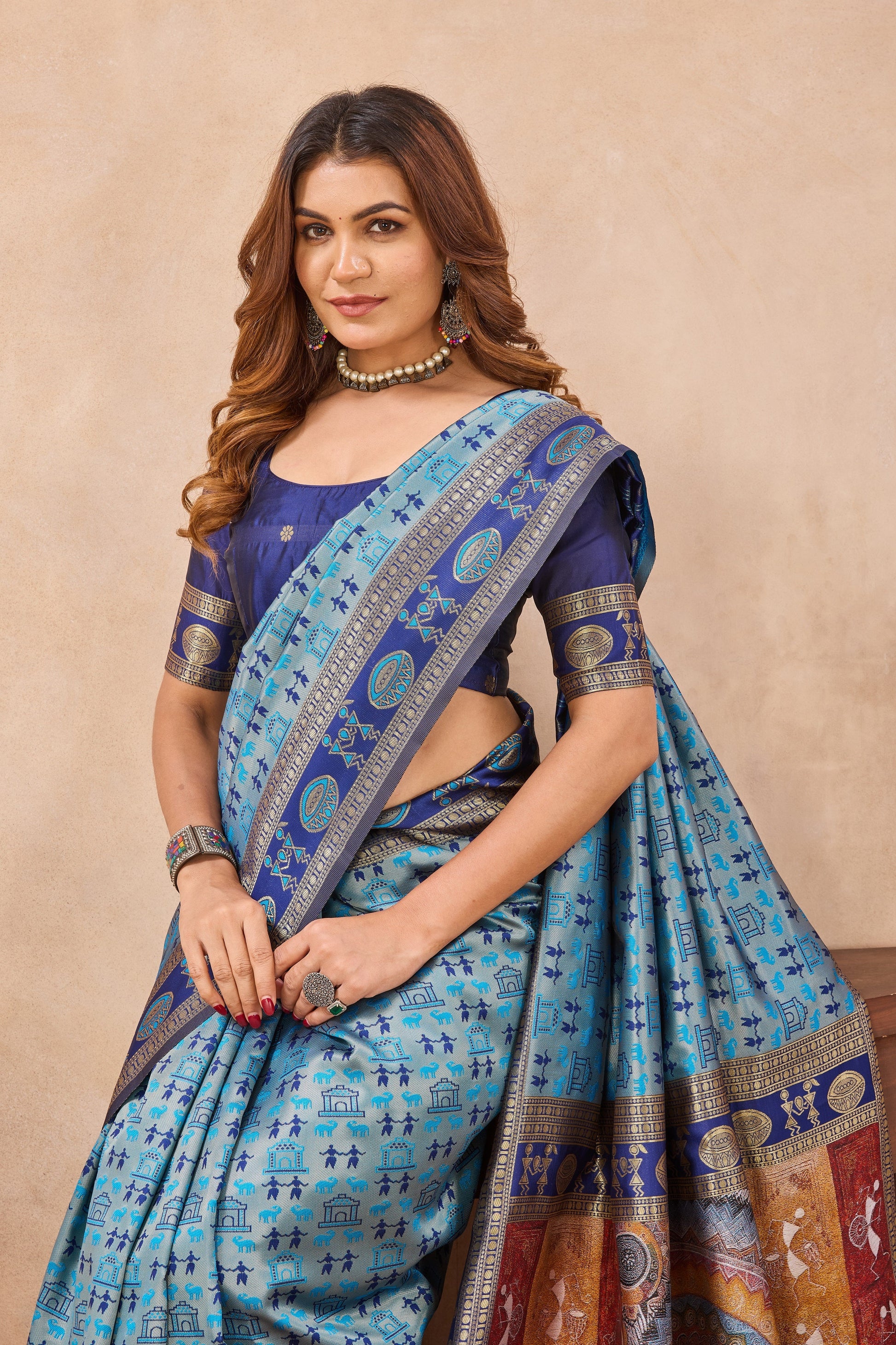 Divine International Trading Co Turquoise Soft Silk Blend Banarasi Jacuard Work Designer Party Wear Saree With Unstitched Blouse Piece