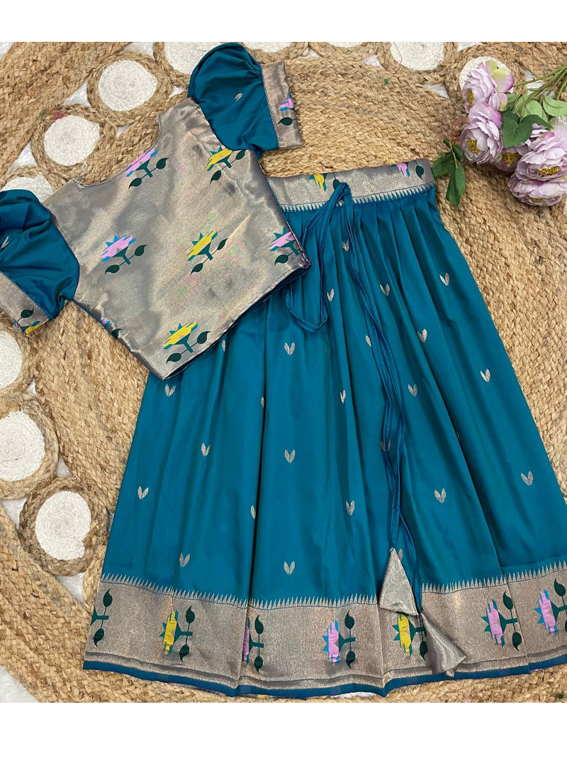 Evanik Blue Soft Silk Paithani Design Zari Weaving Pavadai Lehenga Choli For Kids