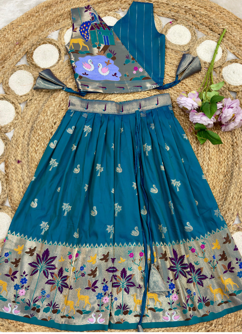 Evanik Blue Soft Silk Paithani Design Zari Weaving Pavadai Lehenga Choli For Kids