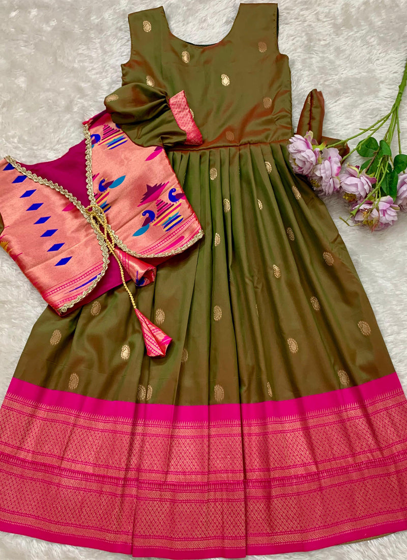 Evanik Green Soft Paithani Silk Zari Weaving Pavadai For Kids Gown & Koti