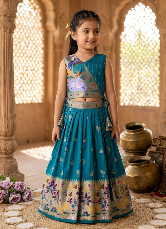 Evanik Blue Soft Silk Paithani Design Zari Weaving Pavadai Lehenga Choli For Kids