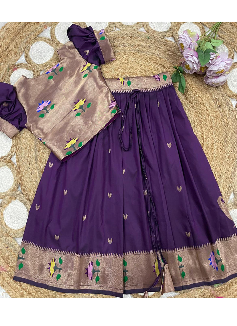 Evanik Purple Soft Silk Paithani Design Zari Weaving Pavadai Lehenga Choli For Kids