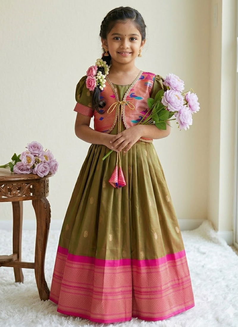 Evanik Green Soft Paithani Silk Zari Weaving Pavadai For Kids Gown & Koti