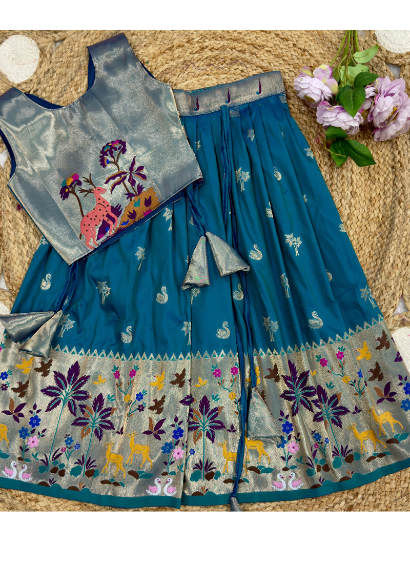 Evanik Blue Soft Silk Paithani Design Zari Weaving Pavadai Lehenga Choli For Kids
