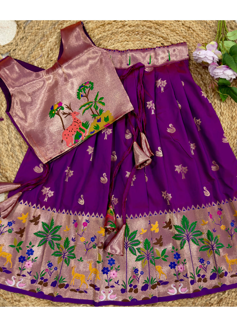 Evanik Purple Soft Silk Paithani Design Zari Weaving Pavadai Lehenga Choli For Kids